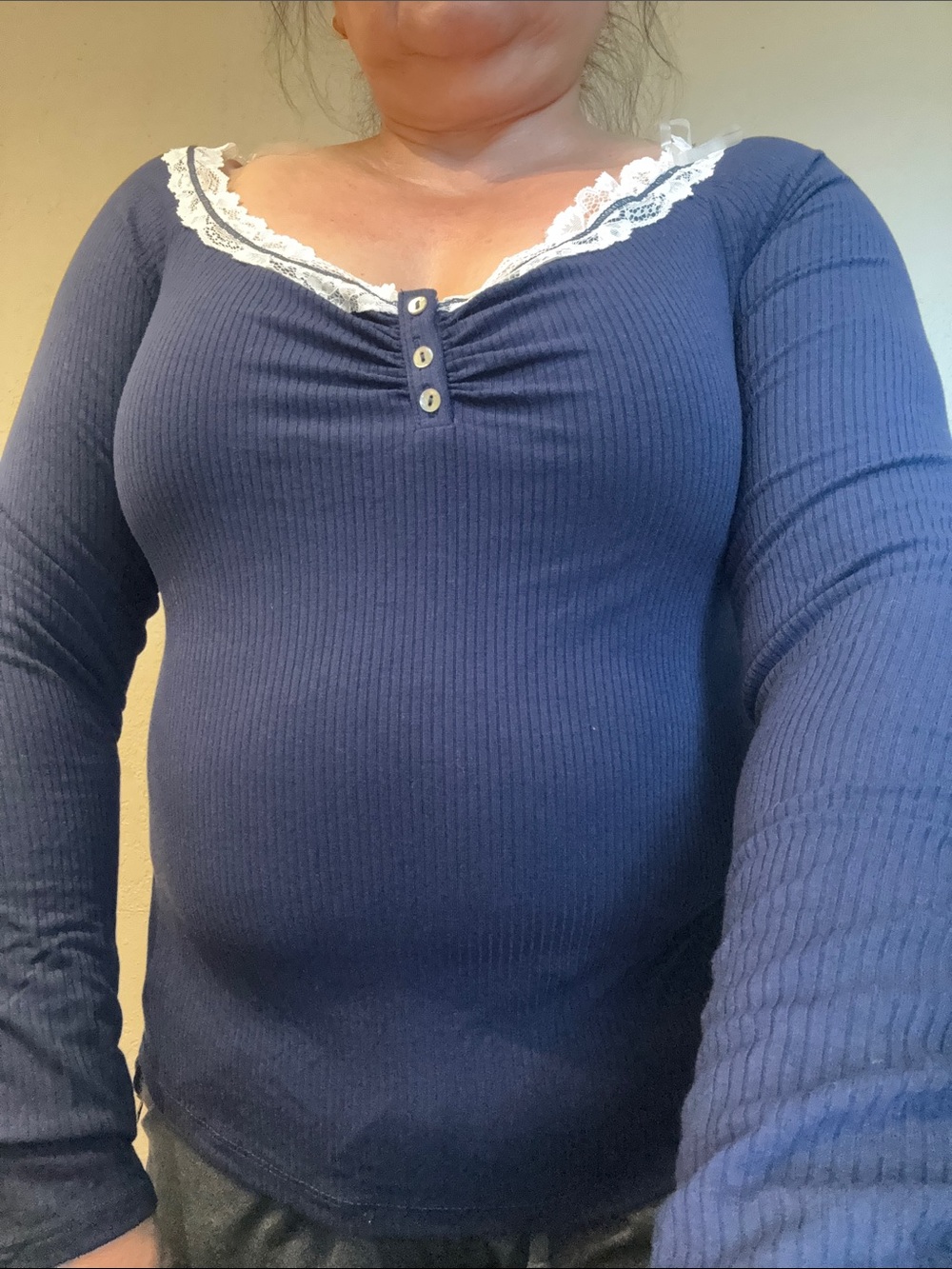 Women's Navy Ribbed Lace-Trim Henley Long Sleeve Top